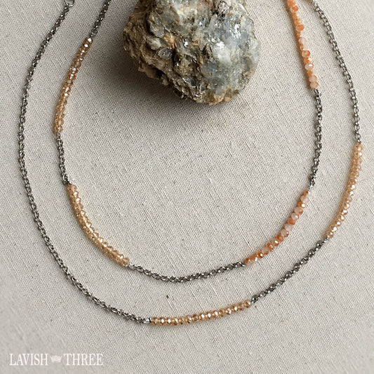 long orange coral silver crystal beaded gem necklace, Lavish Three
