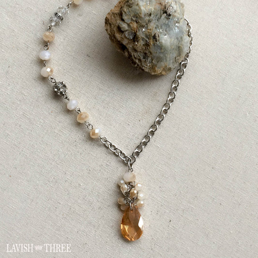 short brushed silver coral crystal necklace with teardrop pendant, Lavish Three