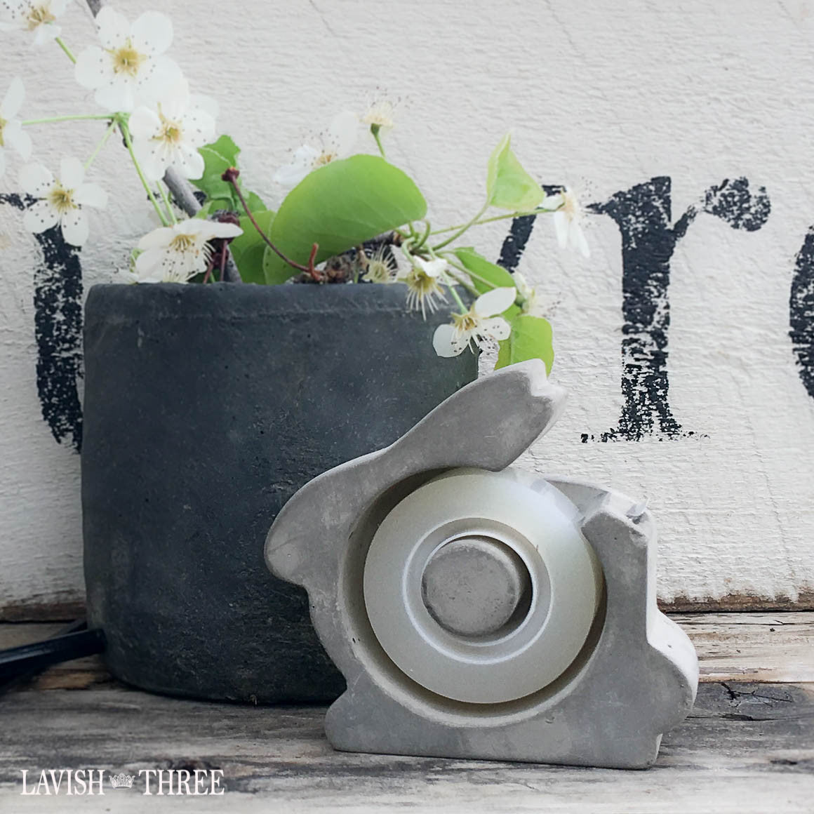 Shabby cement bunny tape dispenser and business card holder office desk set, Lavish Three 3