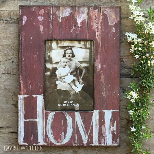 5x7 Country farmhouse distressed wood frame red painted home in white vertical