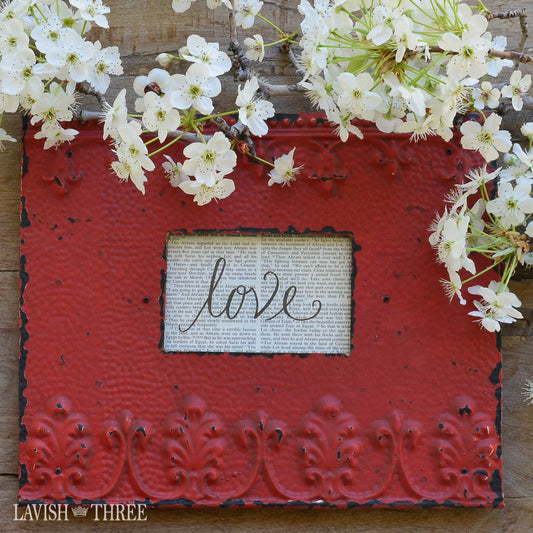 Shabby farmouse chic barn red embossed metal picture frame 3x5