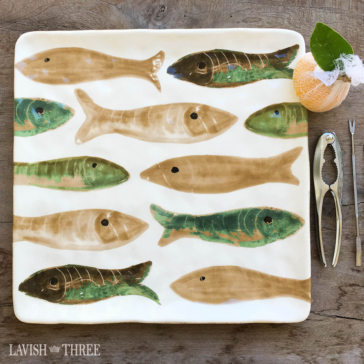 Large 13" square painted glazed ceramic fish fry serving platter
