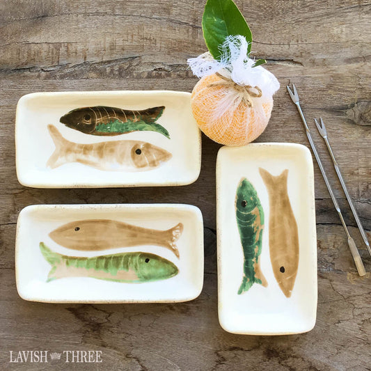 Hand painted glazed ceramic side fish dip dish set, Lavish Three 3
