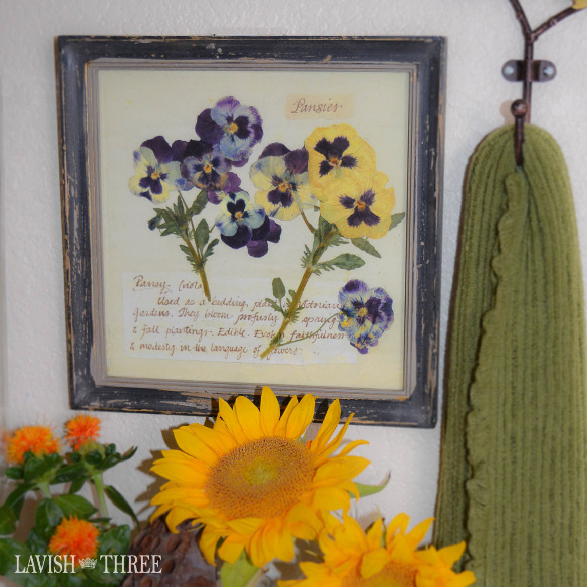 Perfect pansies flower botanical print wall art decor in cottage chic frame