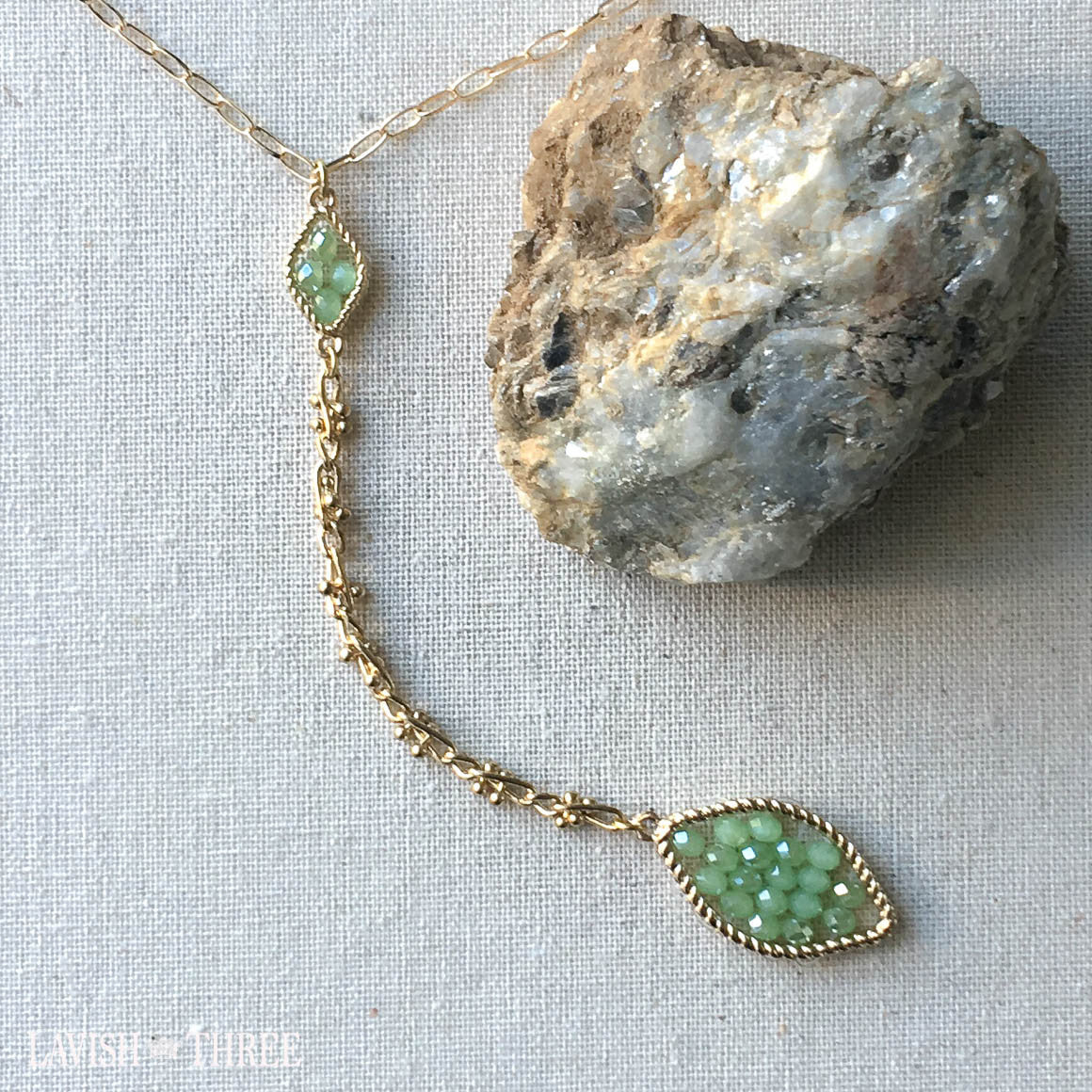 Gold necklace and bracelet set with green beads pendant lavish three 3