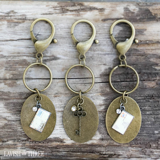 Antique brass keychain keyring postcard lavish three 3