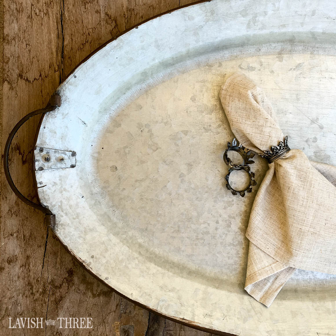 Country style large metal serving tray with rustic handles Lavish three