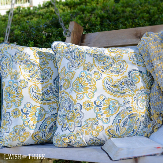 Paisley throw accent decorative pillow set yellow white blue gray