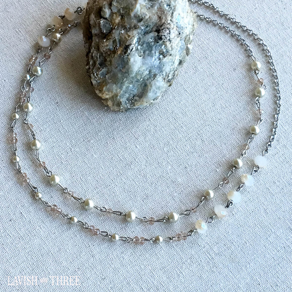 Long crystal and pearl strand necklace one of a kind Lavish three 3