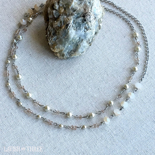 Long crystal and pearl strand necklace one of a kind Lavish three 3