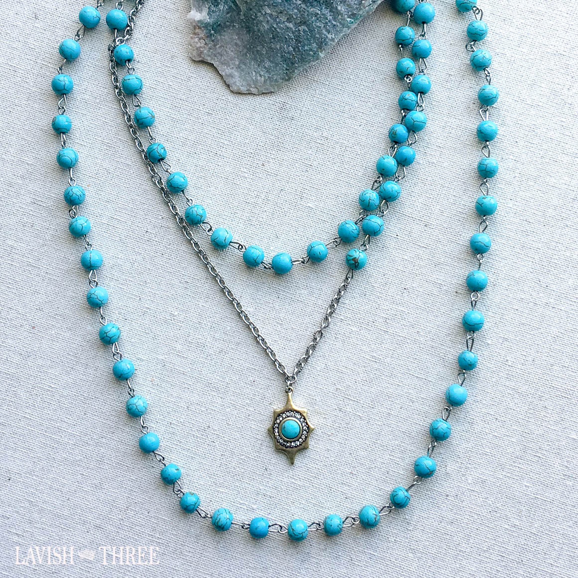 Turquoise and silver chain with gold crystal pendant necklace one of a kind jewelry lavish three 3