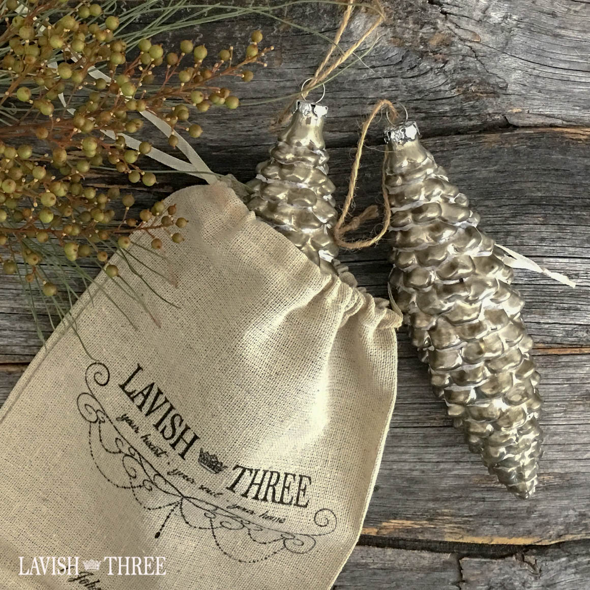 "Tidings of JOY" ~ silver mercury glass pinecone ornaments ~ set of 2