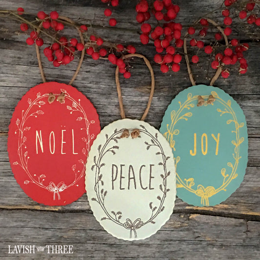 Tin holiday christmas tree ornaments gift tag in Noel, Peace & Joy lavish three 3