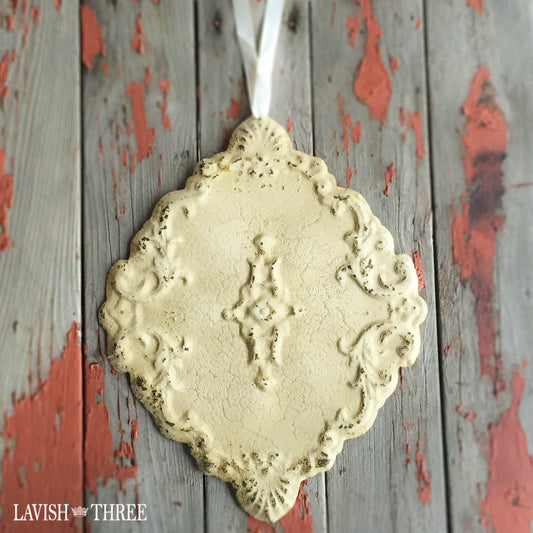 shabby chic metal wall medallion linen diamond with ribbon