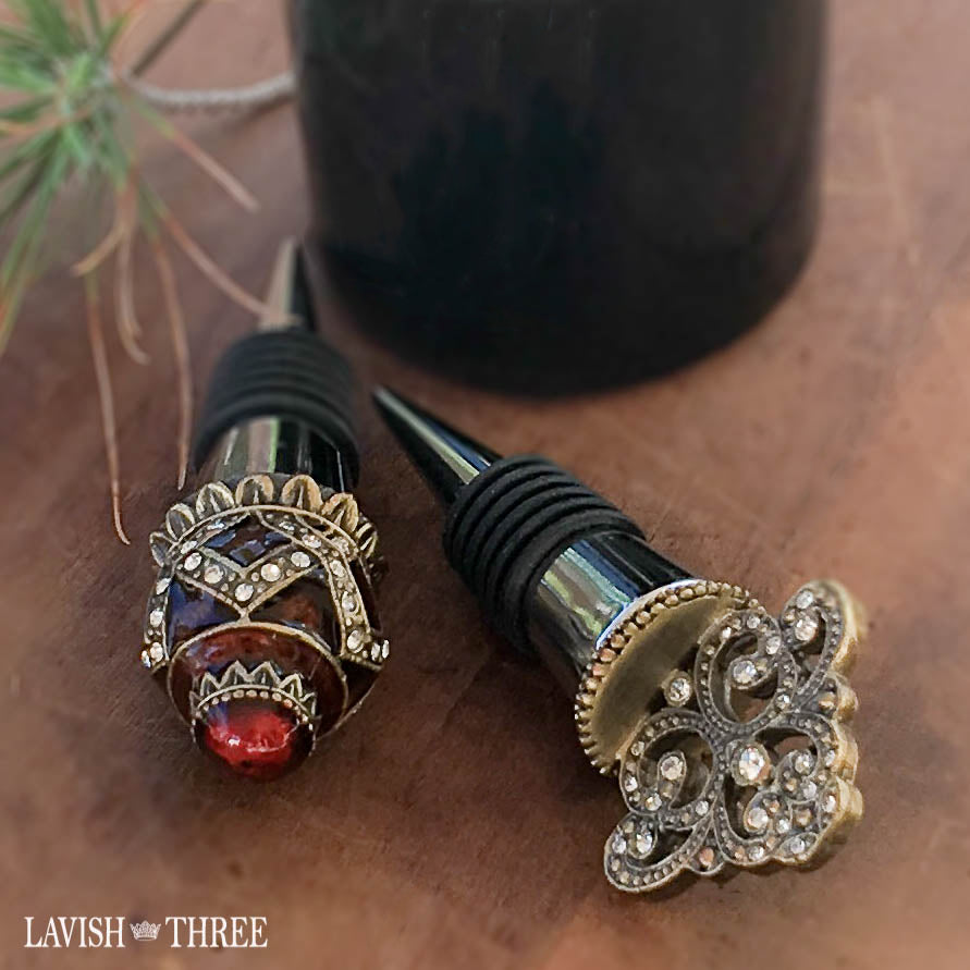 Embellished jeweled fleur de lis crown wine bottle stopper topper sealer lavish three 3