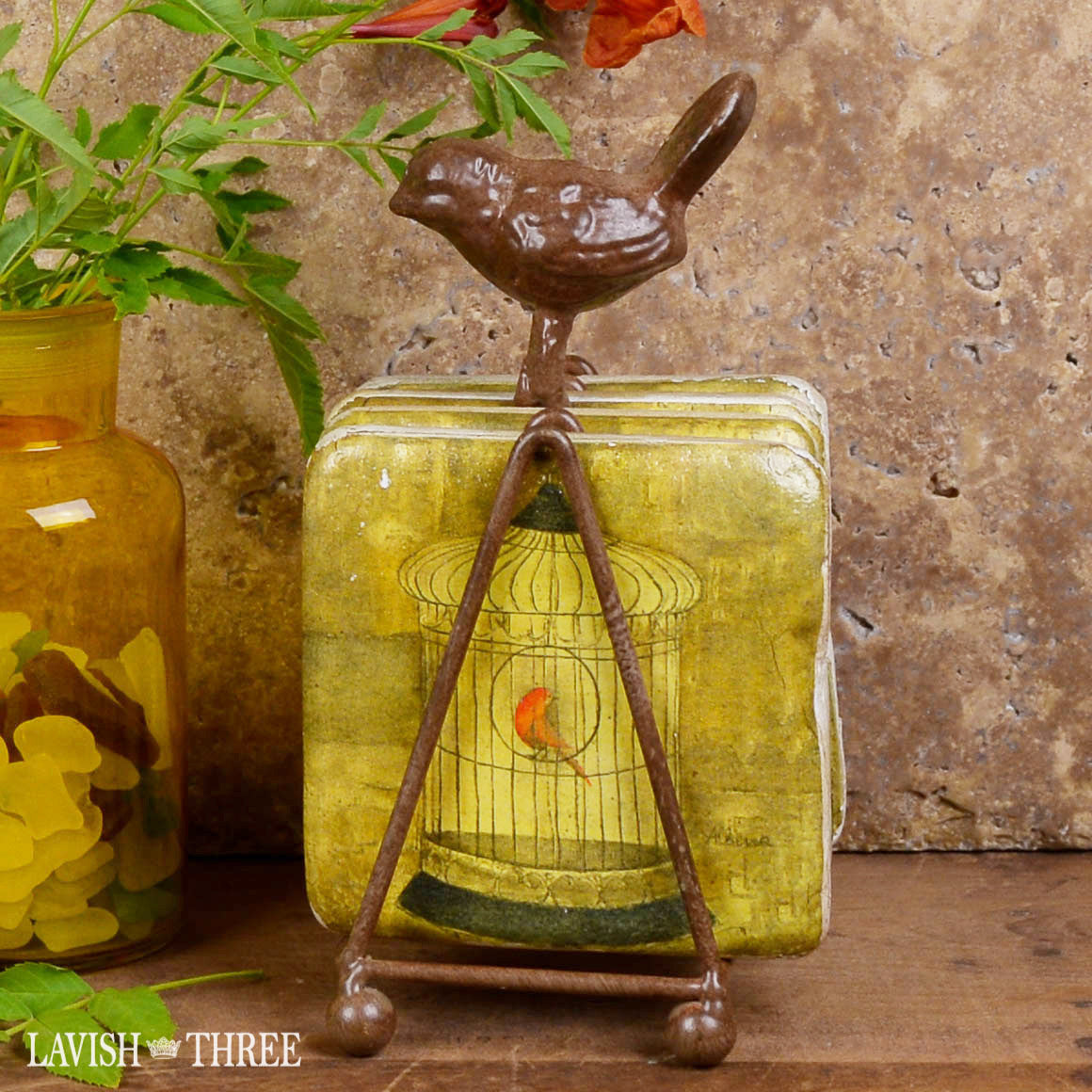 Bird lovers Rustic cottage birdcage coaster set with stand