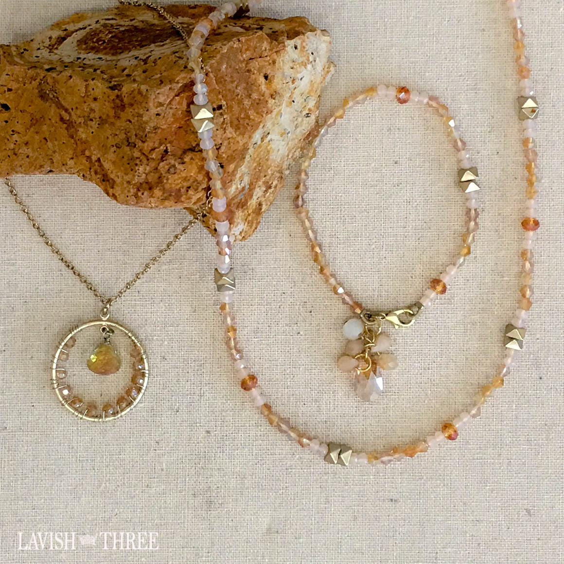 Double strand bracelet, brushed gold accents, tan and cream crystal beads, Lavish Three