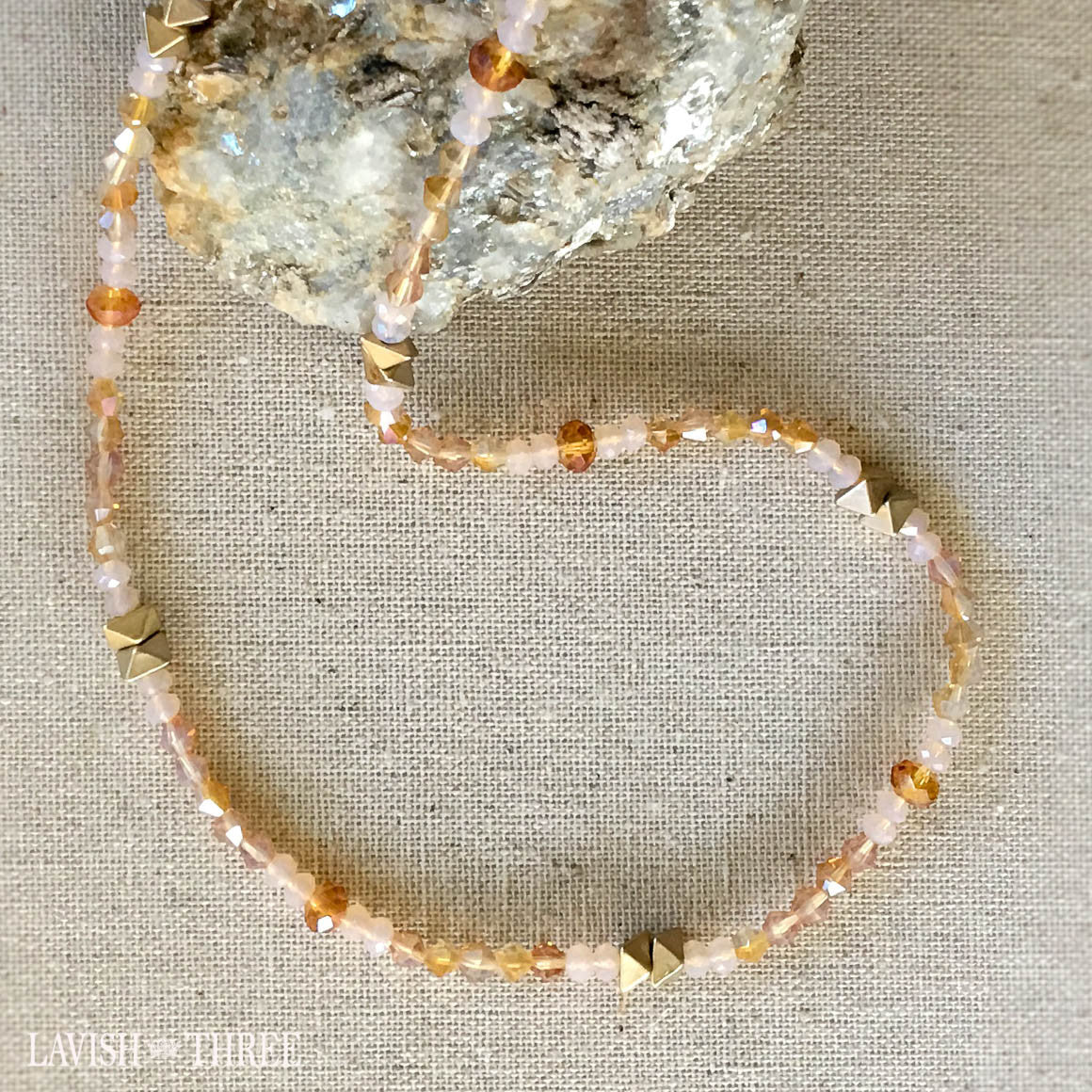 crystal beaded long necklace with brushed gold accents, Lavish Three