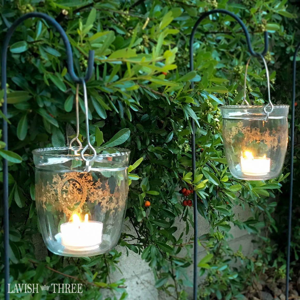 Vintage etched glass moroccan votive garden hanging candle holder with handle