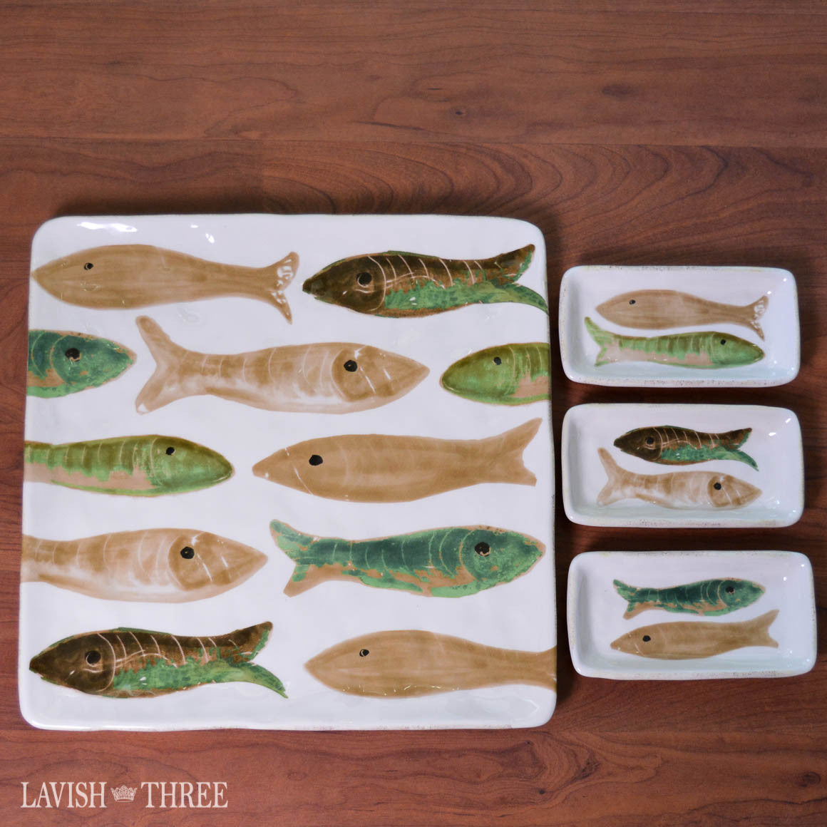 Large 13" painted glazed ceramic fish serving platter with side dishes