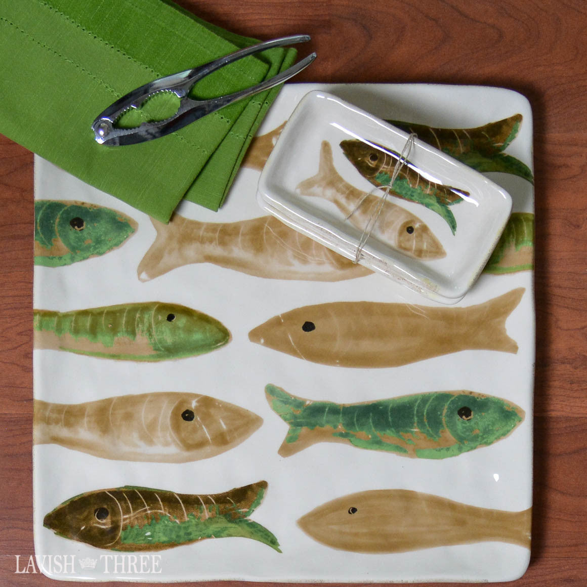 13" Large square painted glazed ceramic fish fry serving dish platter
