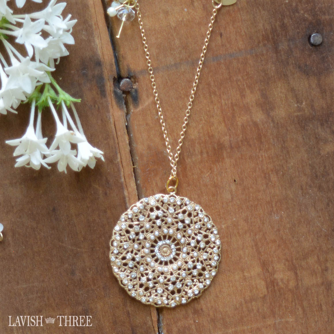 Long gold necklace with crystal beads and round pendant charm one of a kind
