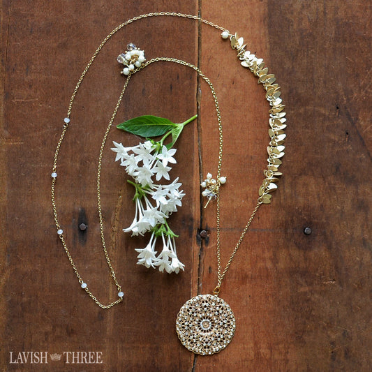 Elegant Long gold necklace with crystal beads and round pendant charm one of a kind Lavish three 3
