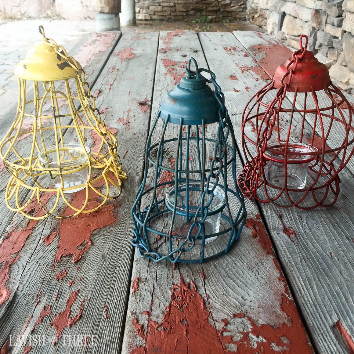 Vintage hanging garden metal lanterns votive candle holder red yellow blue
