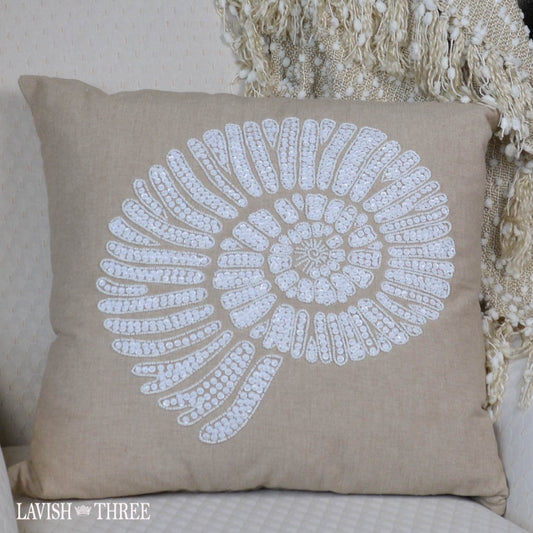 Beaded sea conch tan white decorative accent pillow Lavish three 3