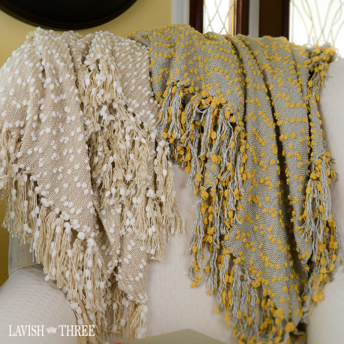 Petite pompom blanket throws with fringe in yellow or vanilla