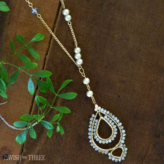 Long gold pearl bead necklace with crystal pendant charm one of a kind jewelry