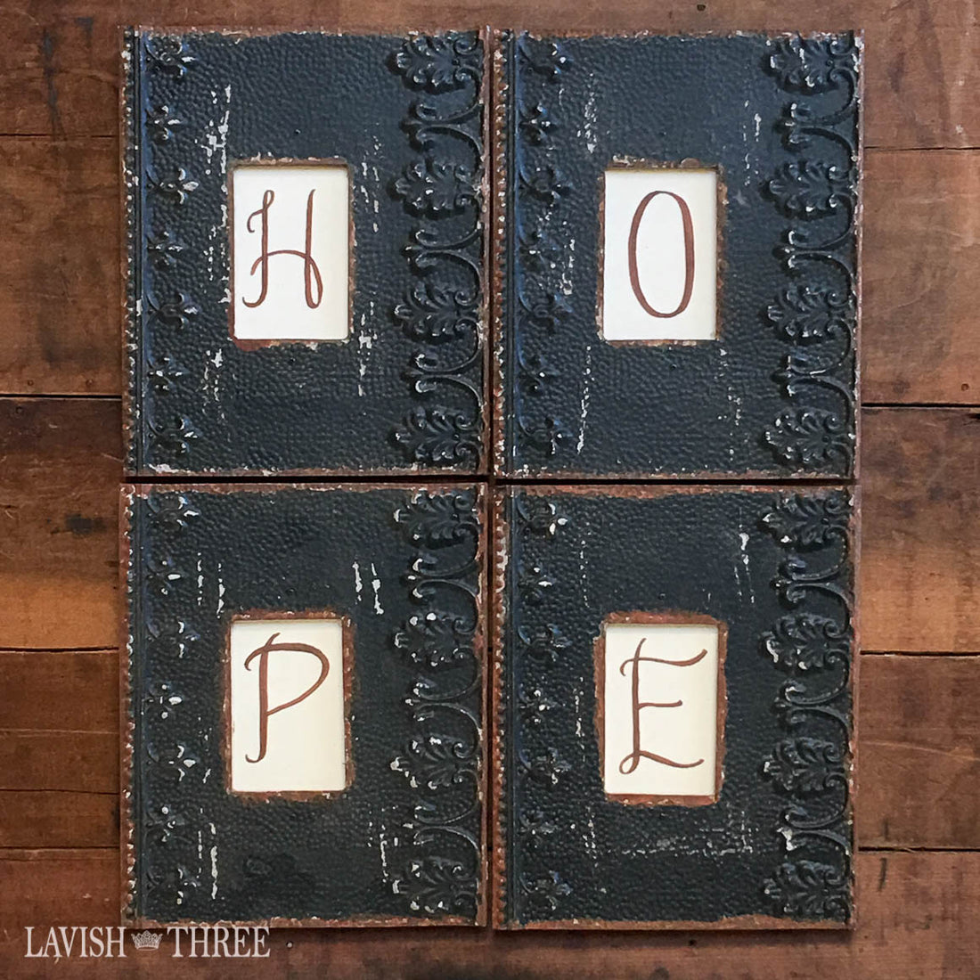 Rustic elegance embossed metal frame, charcoal black, Lavish Three 3