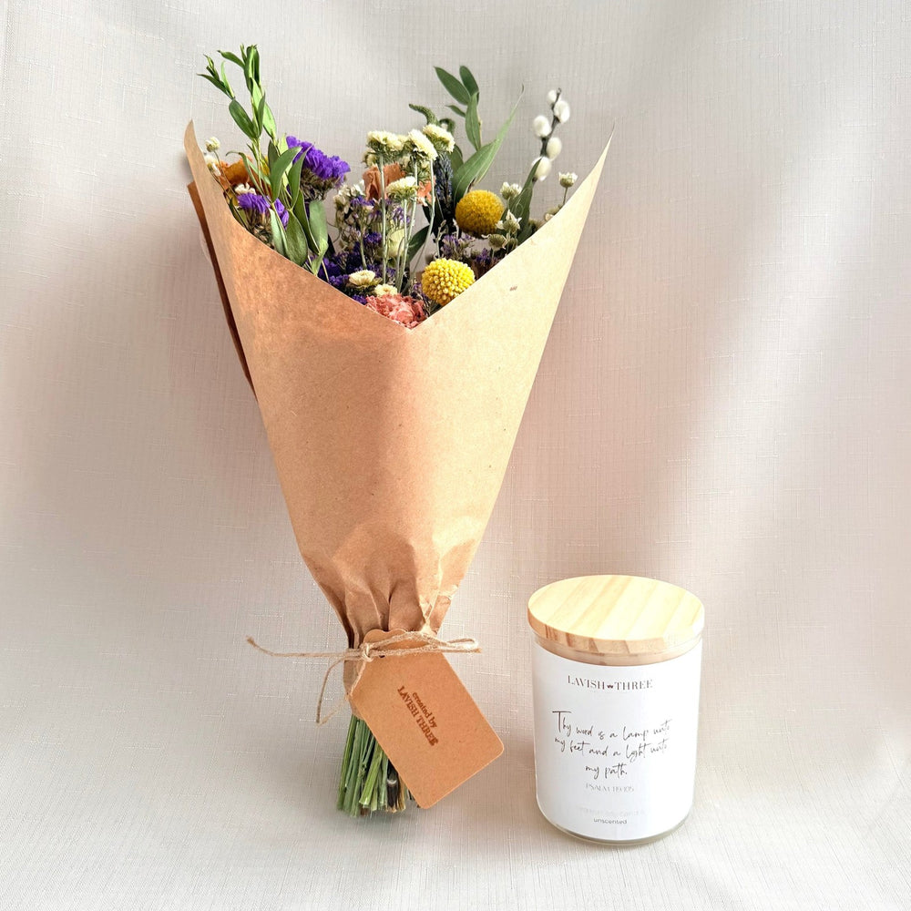 Candle Light & Floral Gift Set with an upright brown-paper bouquet and Psalm 119:105 candle