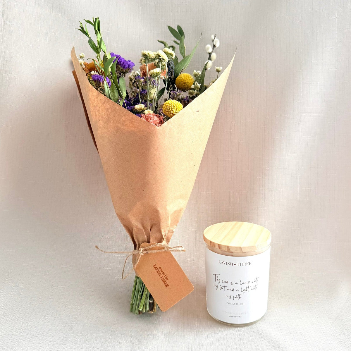 Candle Light & Floral Gift Set with an upright brown-paper bouquet and Psalm 119:105 candle