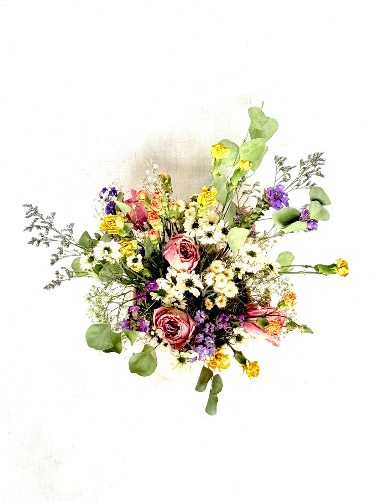 Garden Daydream viewed from above, showing pink roses, white flowers, yellow and purple accents, and greenery