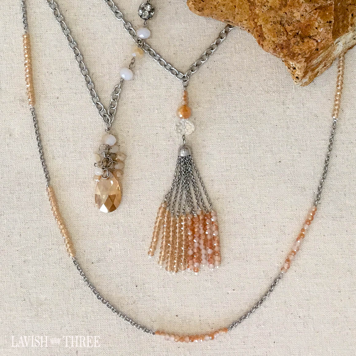 long orange coral silver crystal beaded gem necklace, Lavish Three