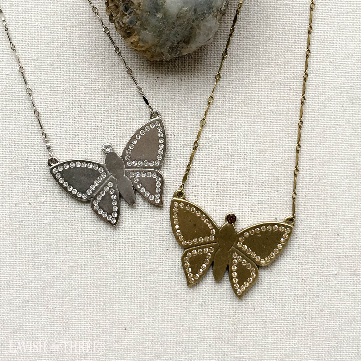 silver or gold large butterfly short necklace with crystals, Lavish Three