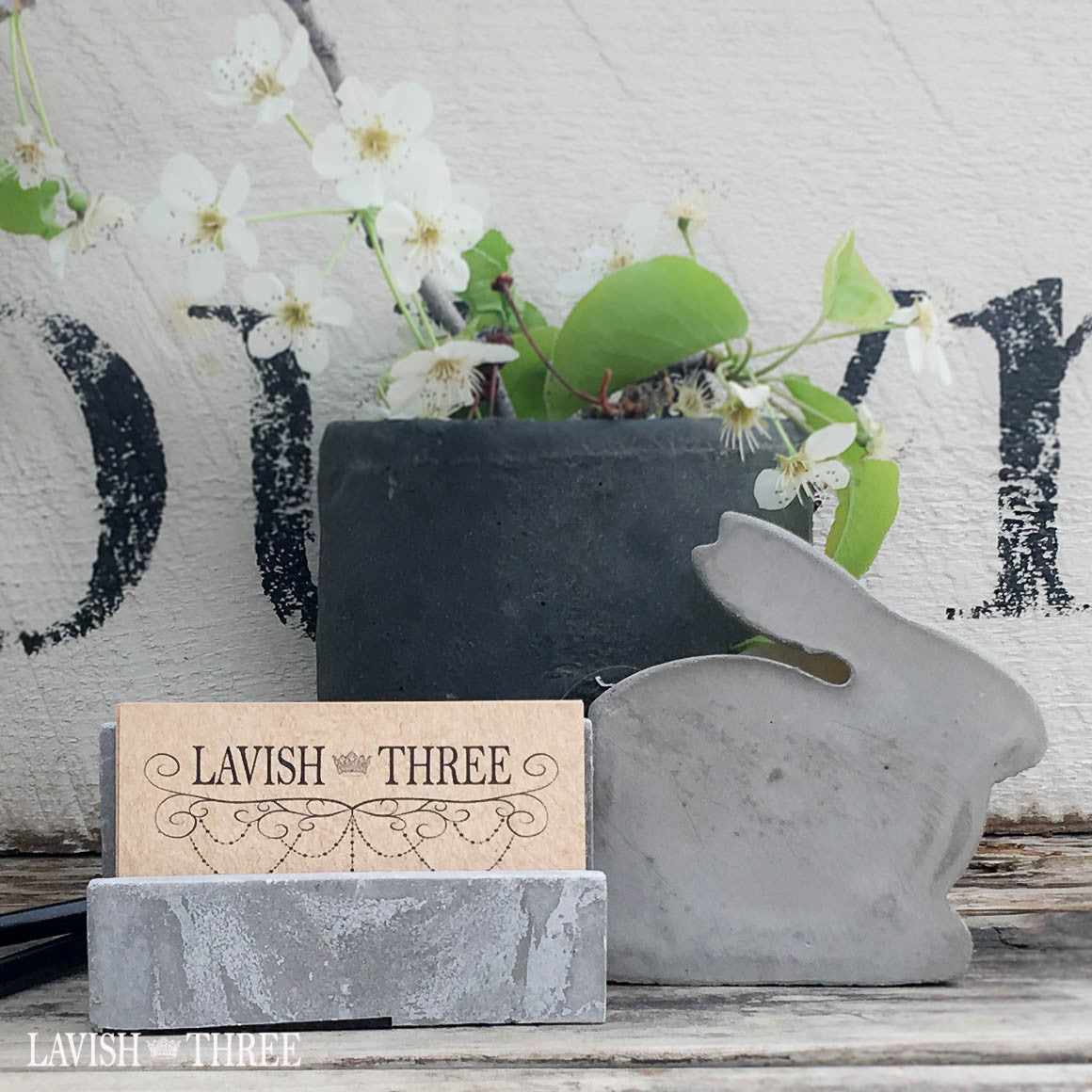 Shabby cement bunny tape dispenser and business card holder office desk set, Lavish Three 3