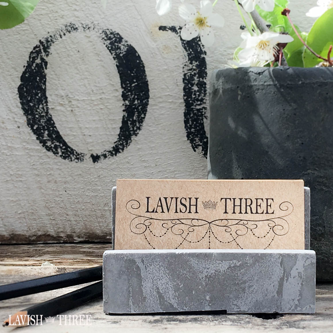 Shabby cement bunny tape dispenser and business card holder office desk set, Lavish Three 3