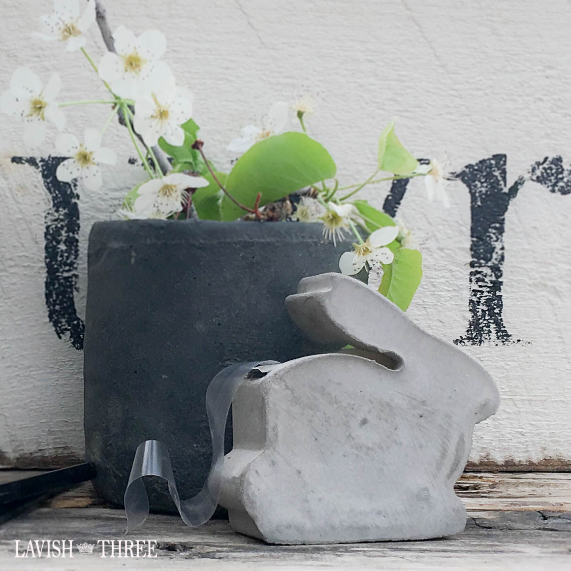 Shabby cement bunny tape dispenser and business card holder office desk set, Lavish Three 3