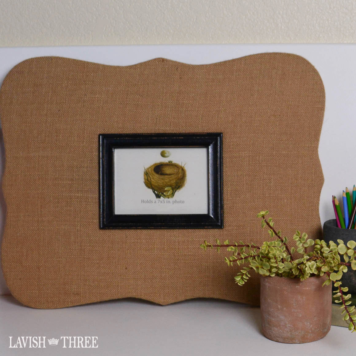 Burlap covered and distressed wood frame large planner bulletin board  Lavish Three