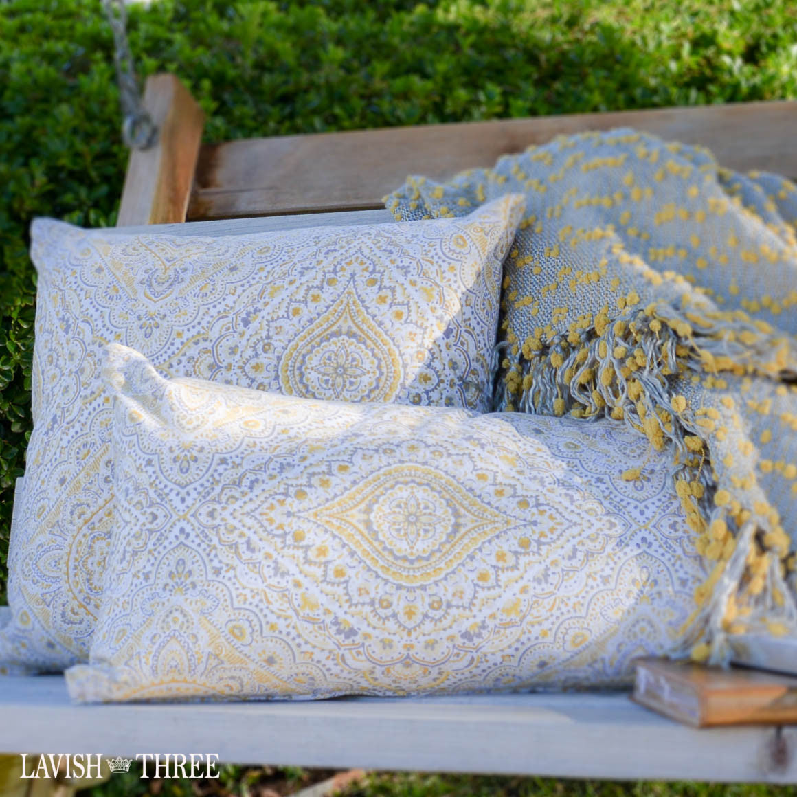 Batik patterned boho style pillow set in pale yellow, grey, taupe Lavish three 3