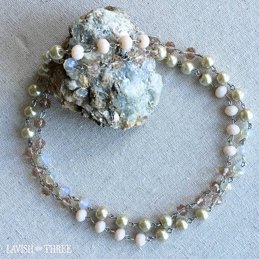 Long crystal and pearl strand necklace one of a kind Lavish three 3