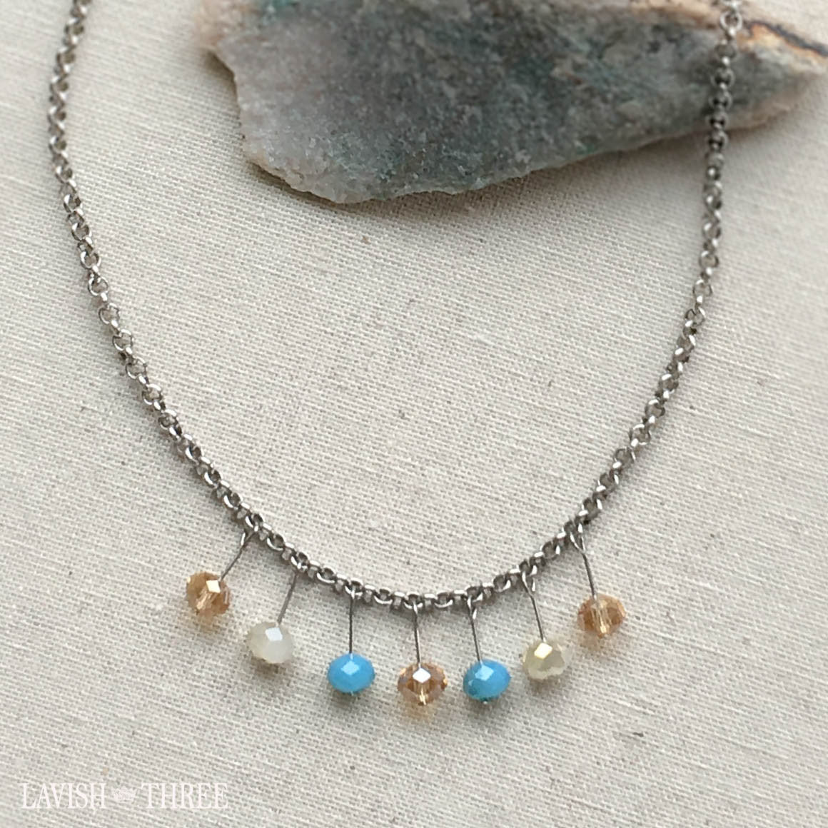 Chunky silver chain short necklace, blue and cream crystal beads, Lavish Three