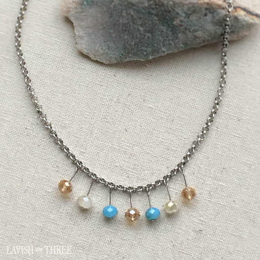 Chunky silver chain short necklace, blue and cream crystal beads, Lavish Three