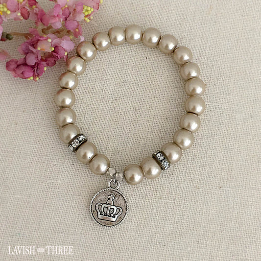 Crown silver charm taupe pearl bracelet lavish three 3