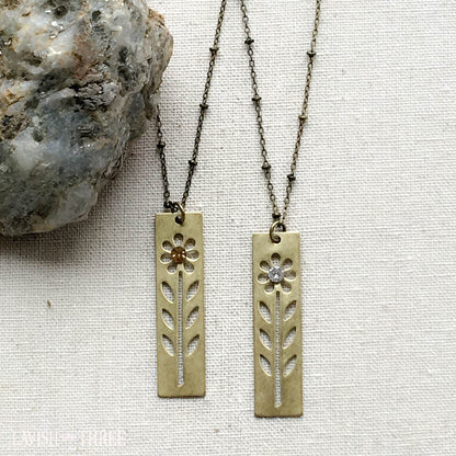 antique gold short necklace with cut out daisy and crystal pendant, Lavish Three