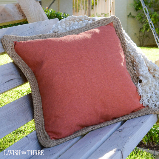 Coral orange decorator throw accent pillow with jute edge Lavish three 3