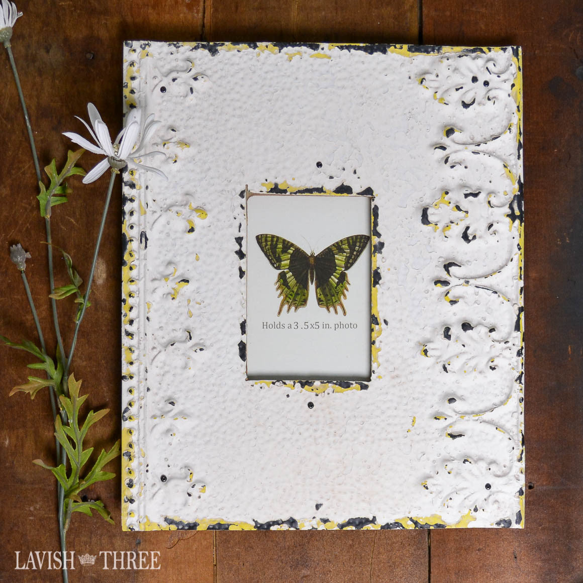 Shabby chic romantic vintage farmhouse embossed white metal frame hints of yellow
