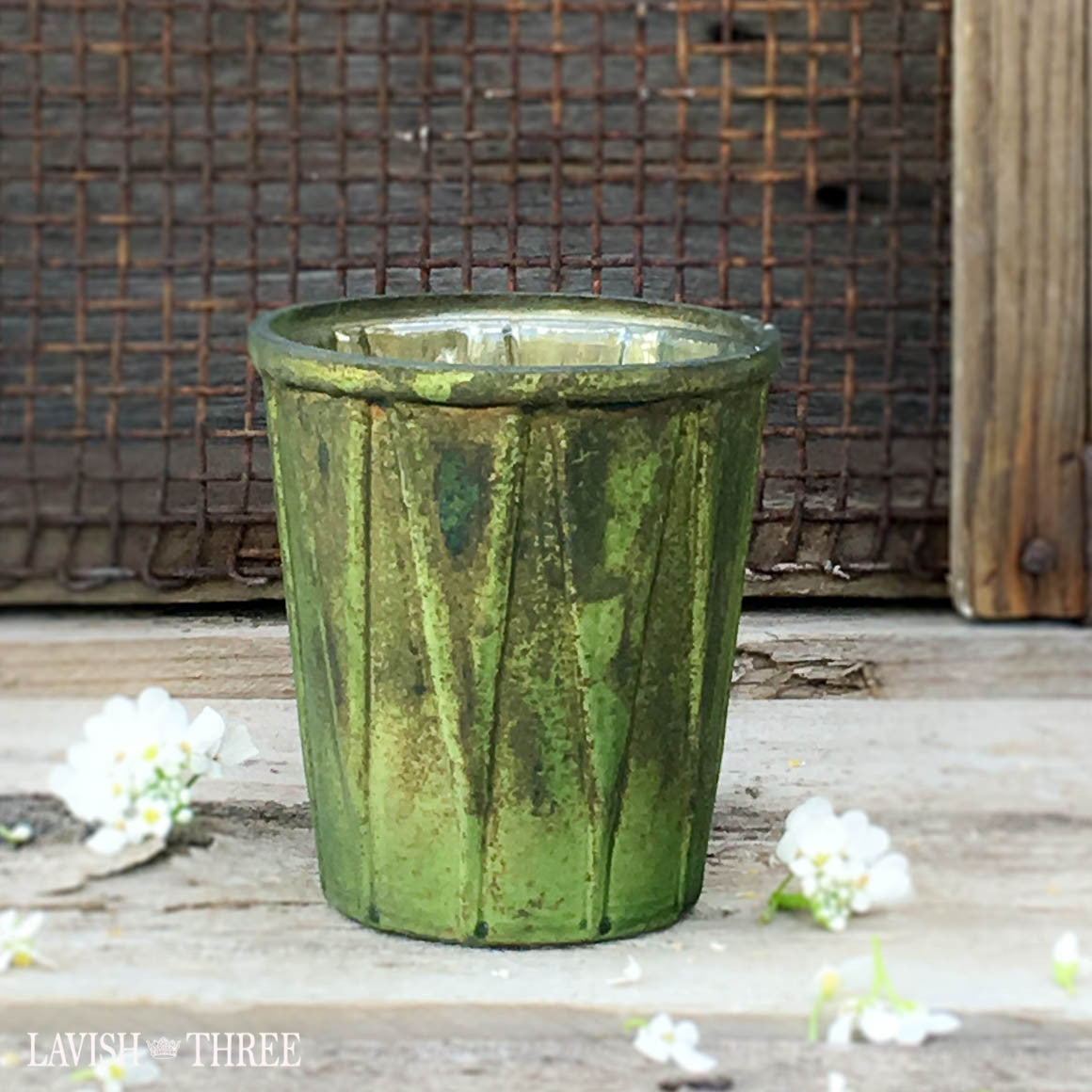 Emerald green mercury glass vintage votive candle holder set
